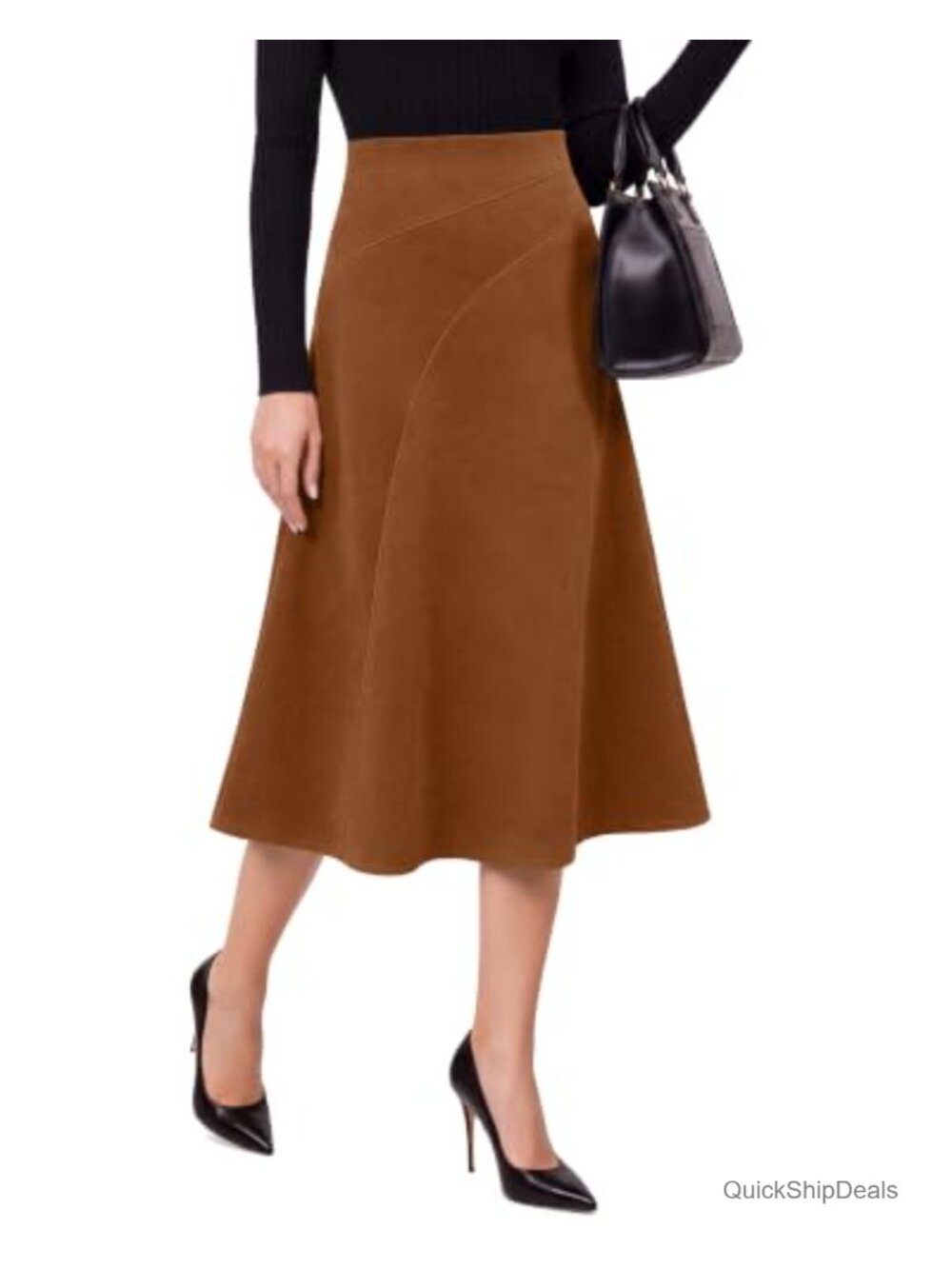 Women's High Waisted Faux Suede Midi Skirt A-Line Stretch Pull On
